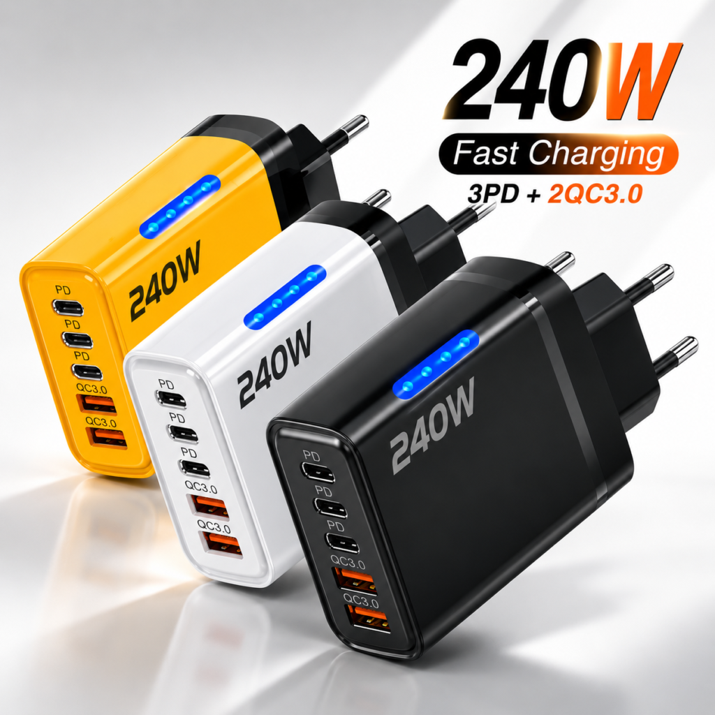 شاحن هاتف سريع 240 واط بتقنية GaN 5 في 1، شاحن USB-C، محول طاقة من النوع C، شاحن حائط بقابس أوروبي/أمريكي لأجهزة آيفون وسامسونج وشاومي