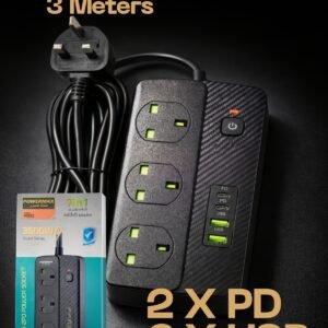 شريط تمديد طاقة بقوة 3500 واط مع 3 منافذ عالمية، شحن سريع USB بتقنية PD و QC3.0،