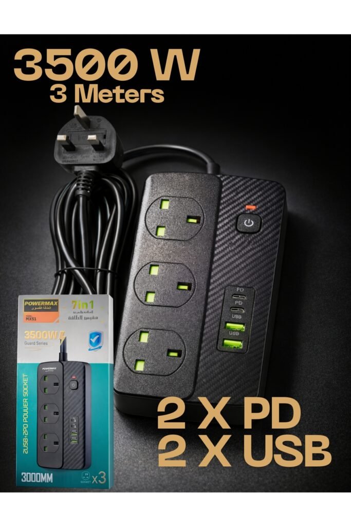 شريط تمديد طاقة بقوة 3500 واط مع 3 منافذ عالمية، شحن سريع USB بتقنية PD و QC3.0،