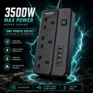 شريط طاقة من سلسلة Guard بقوة 3500 واط - 3 مقابس عالمية + منافذ USB مزدوجة مع حماية