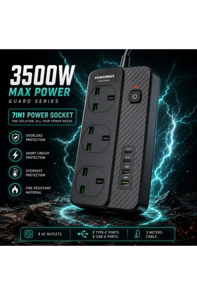 شريط طاقة من سلسلة Guard بقوة 3500 واط - 3 مقابس عالمية + منافذ USB مزدوجة مع حماية